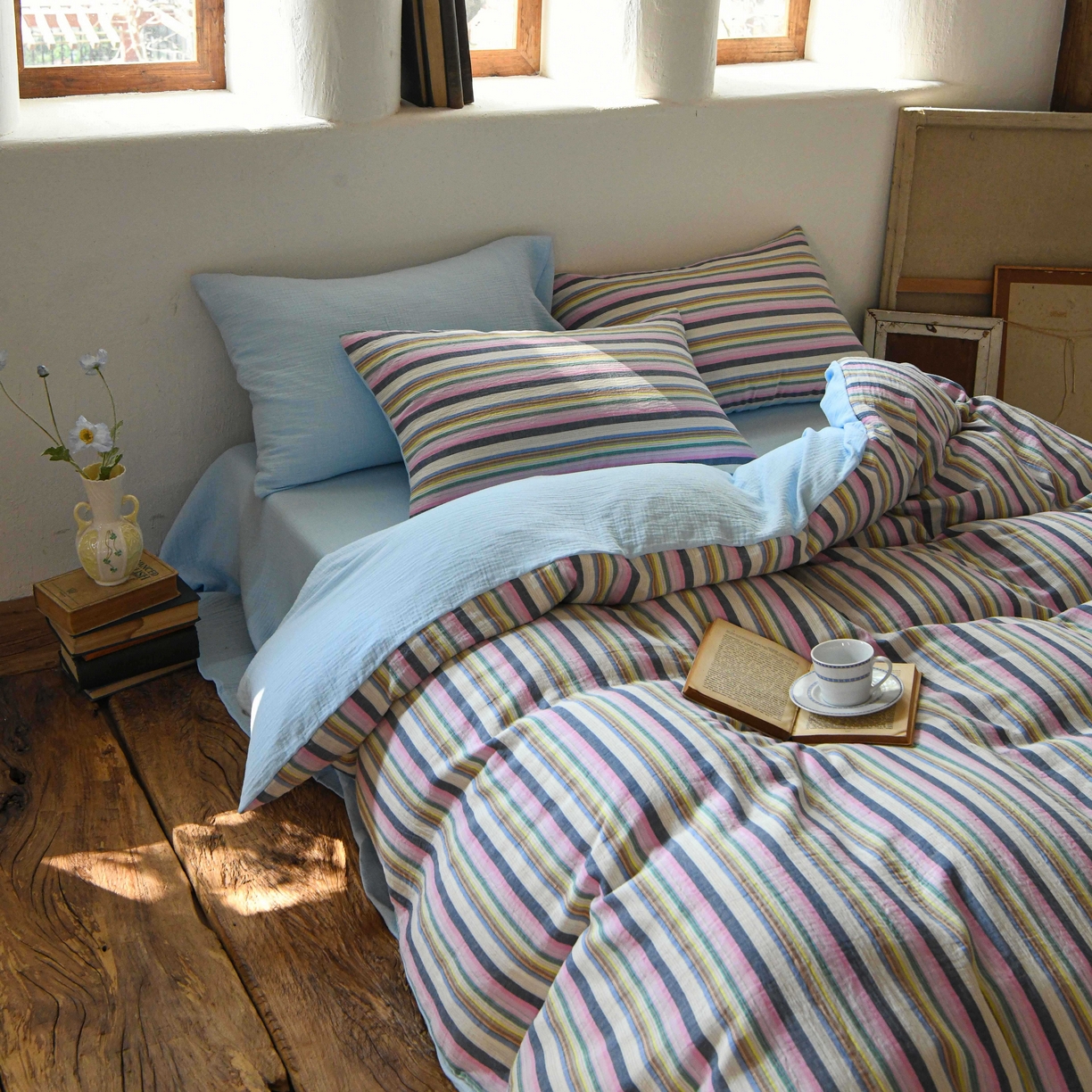 91家纺网 家纺一手货源 找家纺 （总）山舍家居 2026新款全棉纯棉色织中古纱布条纹四件套赫本赫兹