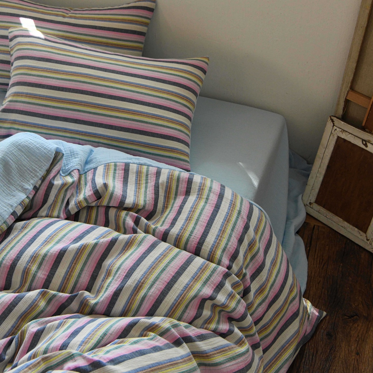 91家纺网 家纺一手货源 找家纺 （总）山舍家居 2026新款全棉纯棉色织中古纱布条纹四件套赫本赫兹