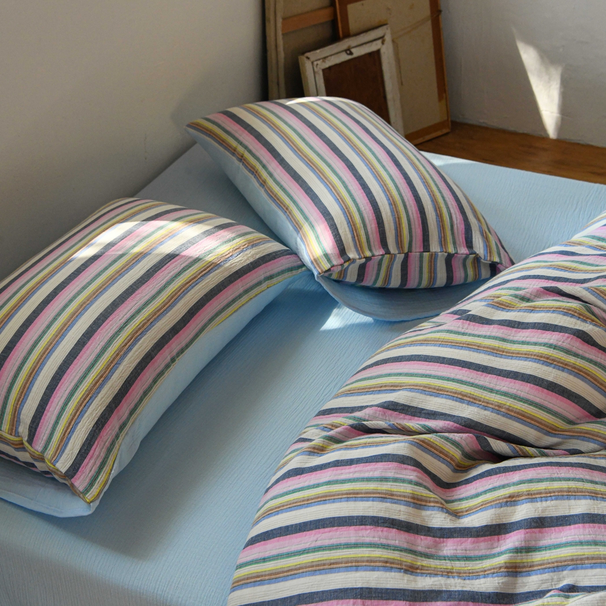 91家纺网 家纺一手货源 找家纺 （总）山舍家居 2026新款全棉纯棉色织中古纱布条纹四件套赫本赫兹