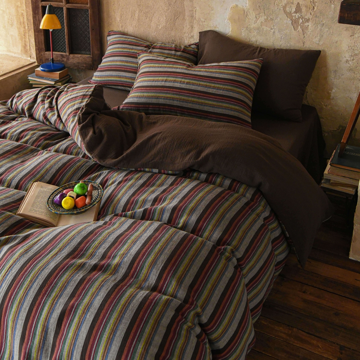 （总）山舍家居 2026新款全棉纯棉色织中古纱布条纹四件套布里斯托