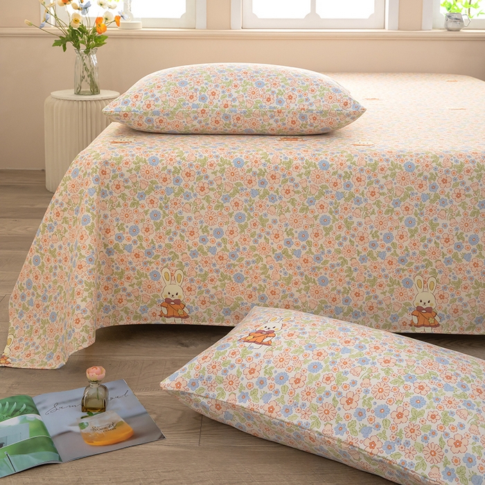 91家纺网 家纺一手货源 找家纺 帛洵家纺 2026新款A类原棉细纱印花老粗布凉席床单 碎花小兔