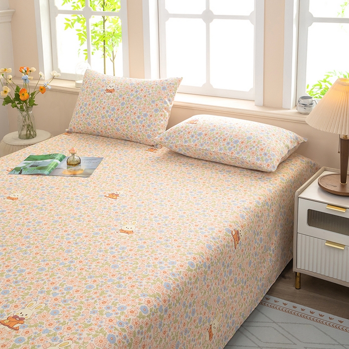 91家纺网 家纺一手货源 找家纺 帛洵家纺 2026新款A类原棉细纱印花老粗布凉席床单 碎花小兔