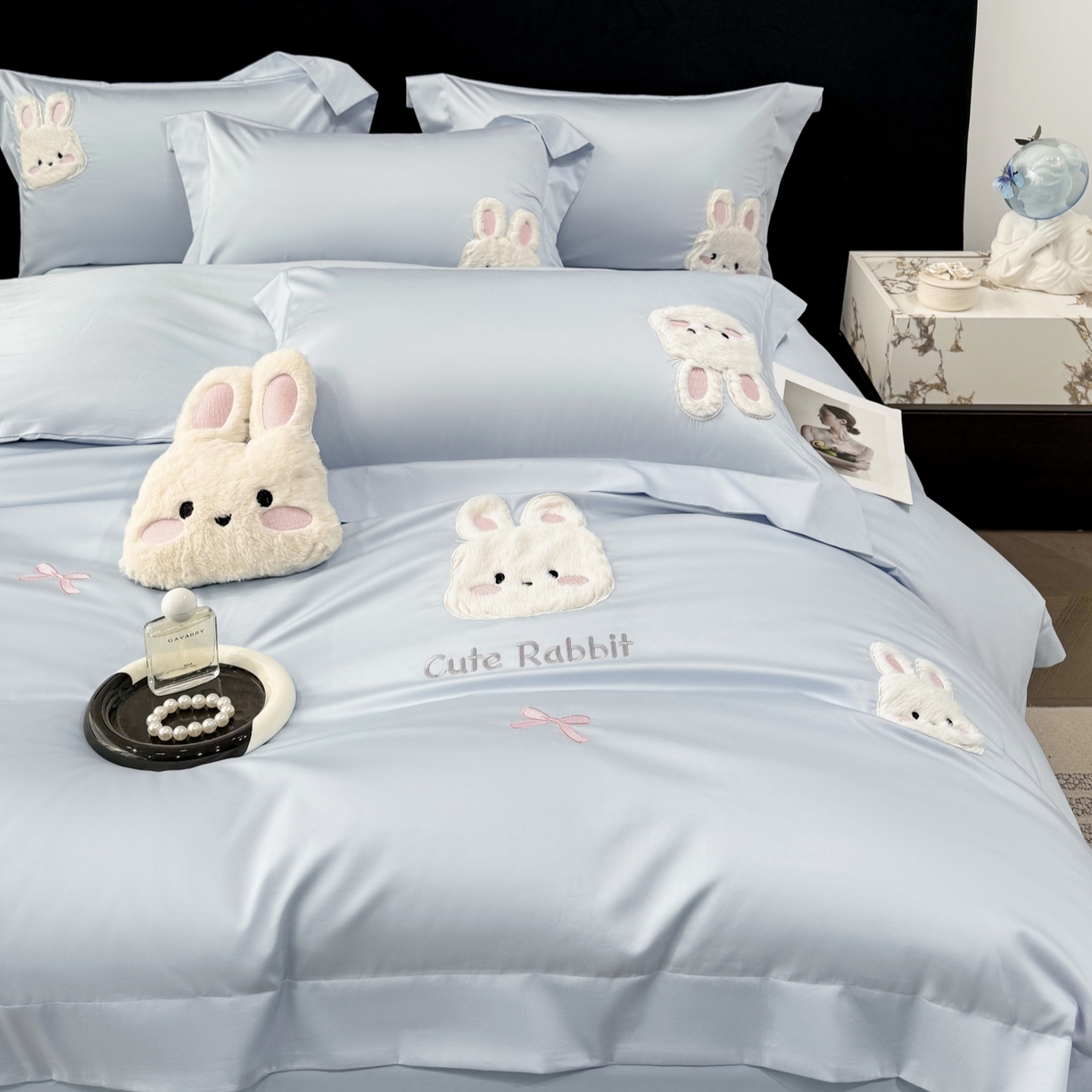 星蕴家纺 2026新款卡通长绒棉纯棉绣花四件套-甜心小兔 甜心小兔-天空蓝