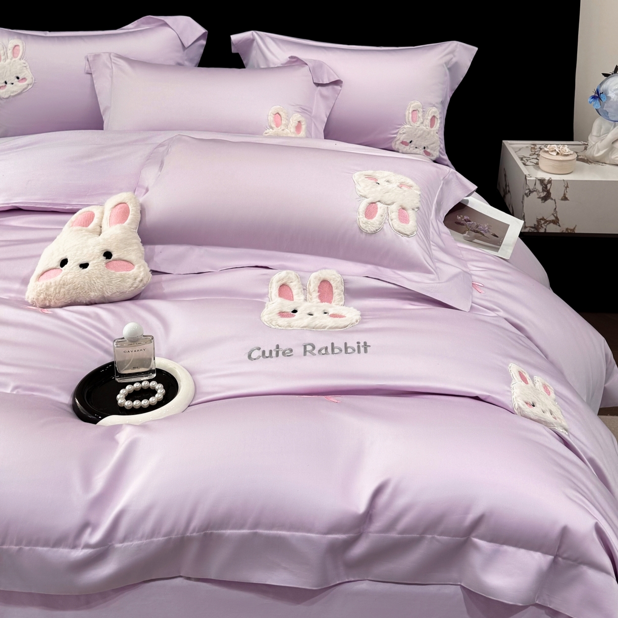 星蕴家纺 2026新款卡通长绒棉纯棉绣花四件套-甜心小兔 甜心小兔-梦幻紫