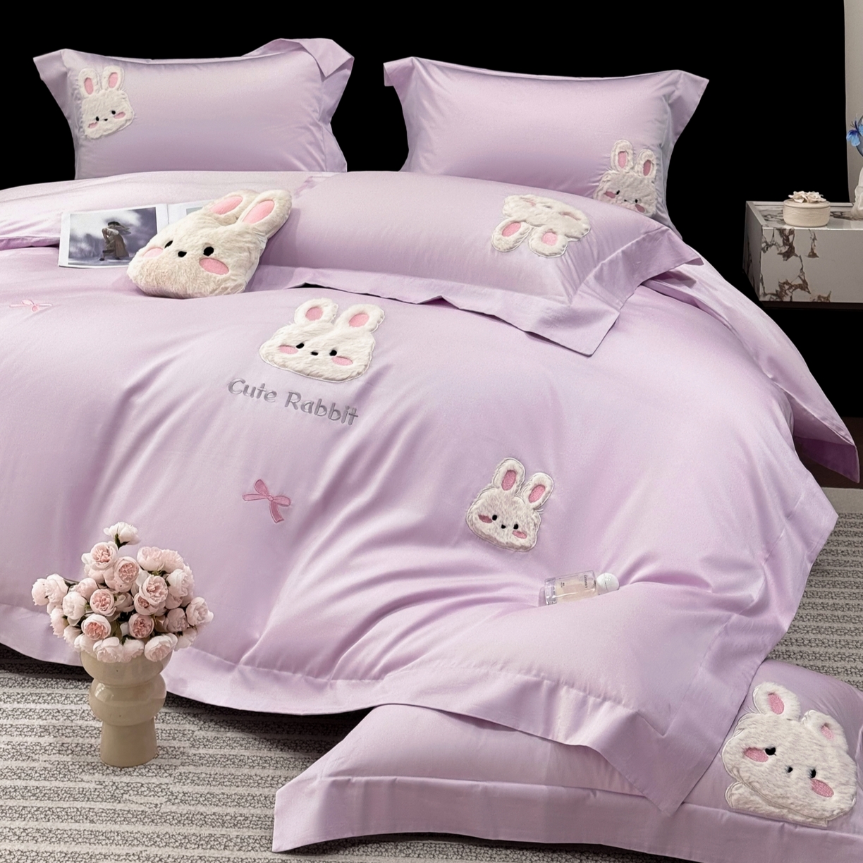 91家纺网 家纺一手货源 找家纺 星蕴家纺 2026新款卡通长绒棉纯棉绣花四件套-甜心小兔 甜心小兔-梦幻紫