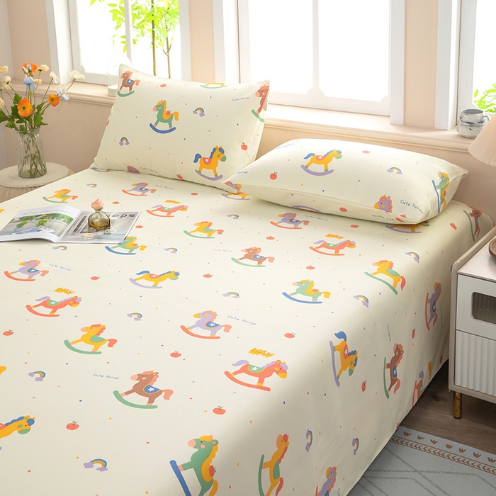 91家纺网 家纺一手货源 找家纺 帛洵家纺 2026新款A类原棉细纱印花老粗布凉席床单 童心木马