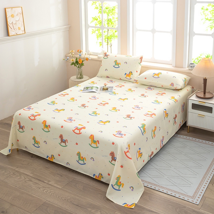 91家纺网 家纺一手货源 找家纺 帛洵家纺 2026新款A类原棉细纱印花老粗布凉席床单 童心木马