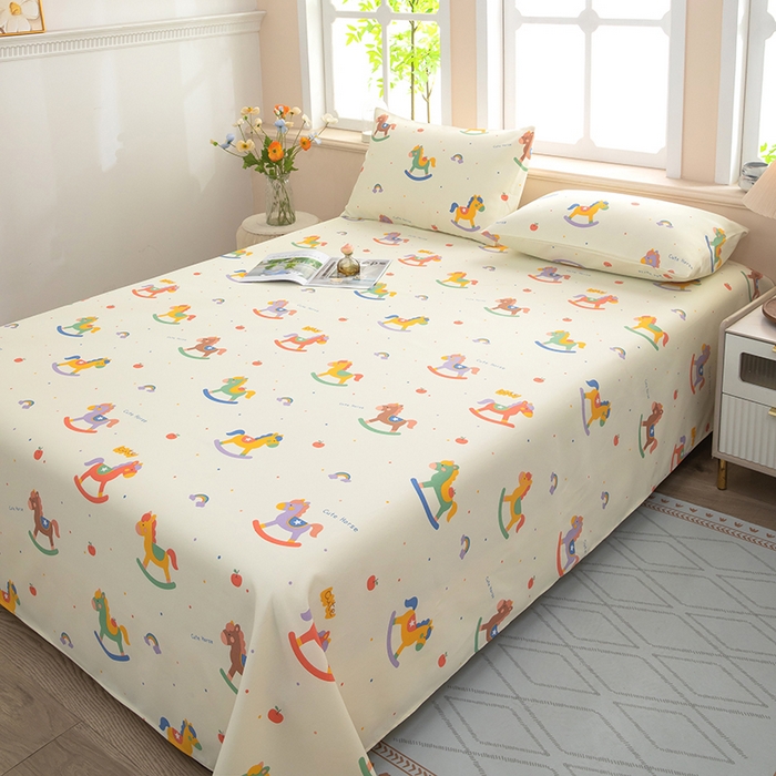 91家纺网 家纺一手货源 找家纺 帛洵家纺 2026新款A类原棉细纱印花老粗布凉席床单 童心木马