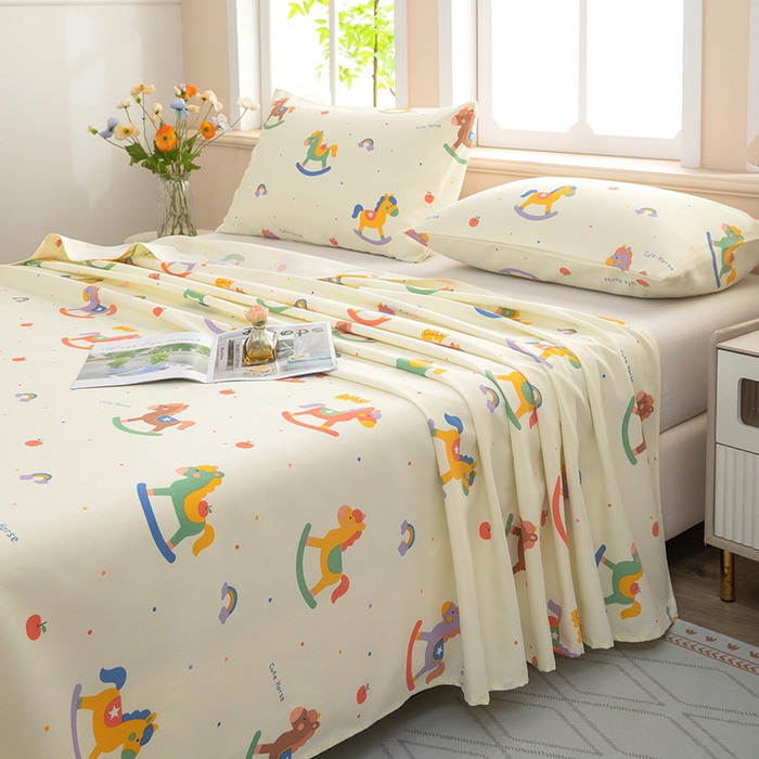 91家纺网 家纺一手货源 找家纺 帛洵家纺 2026新款A类原棉细纱印花老粗布凉席床单 童心木马