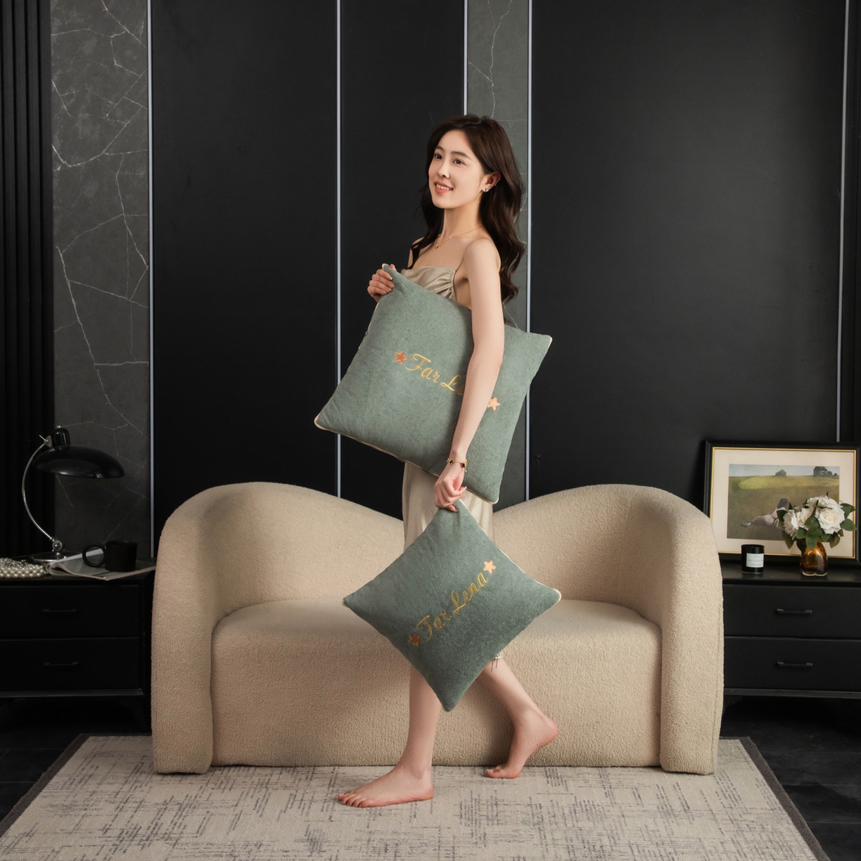 91家纺网 家纺一手货源 找家纺 雷娜家居 2026新款刺绣抱枕被简尚系列 简尚-琥珀