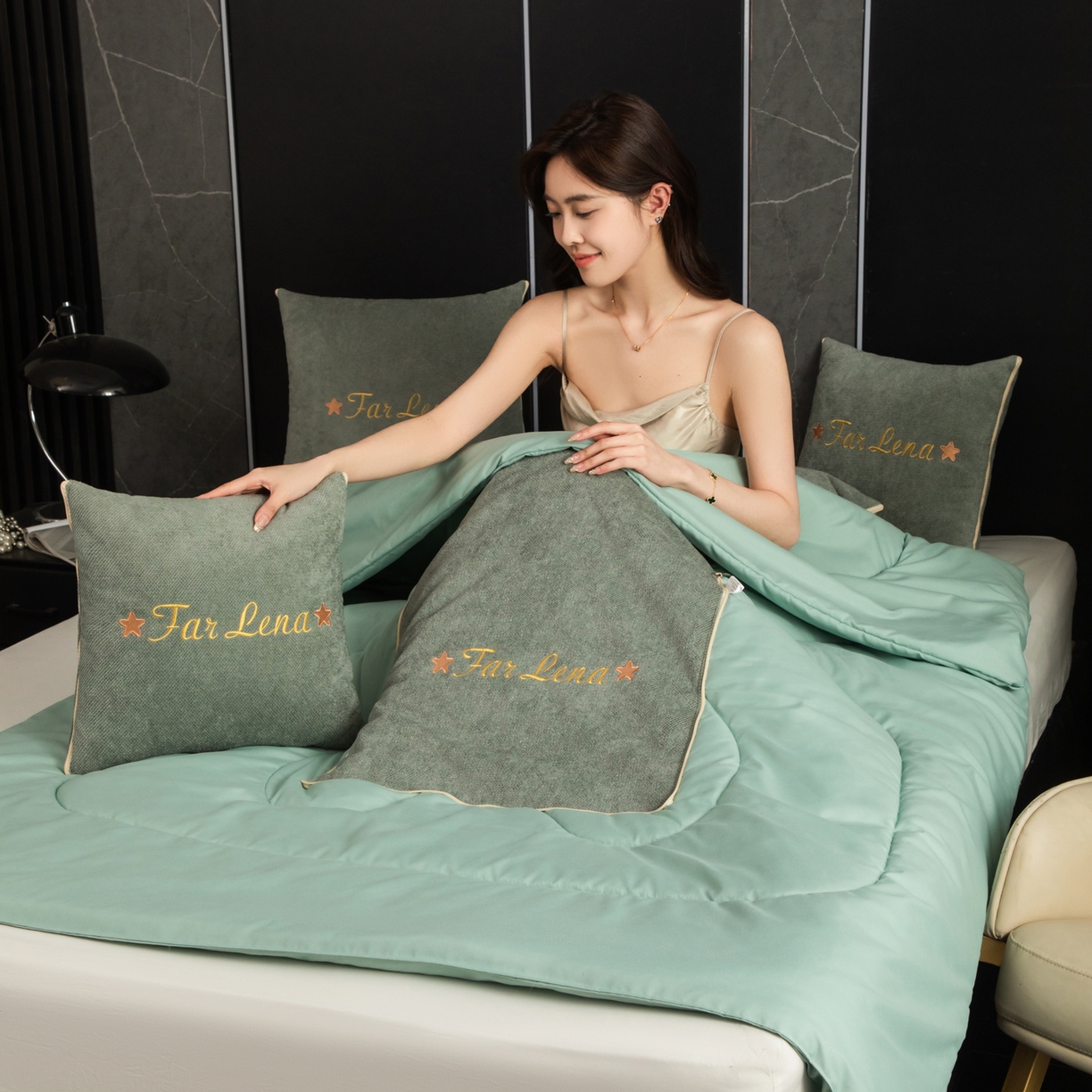 91家纺网 家纺一手货源 找家纺 雷娜家居 2026新款刺绣抱枕被简尚系列 简尚-琥珀