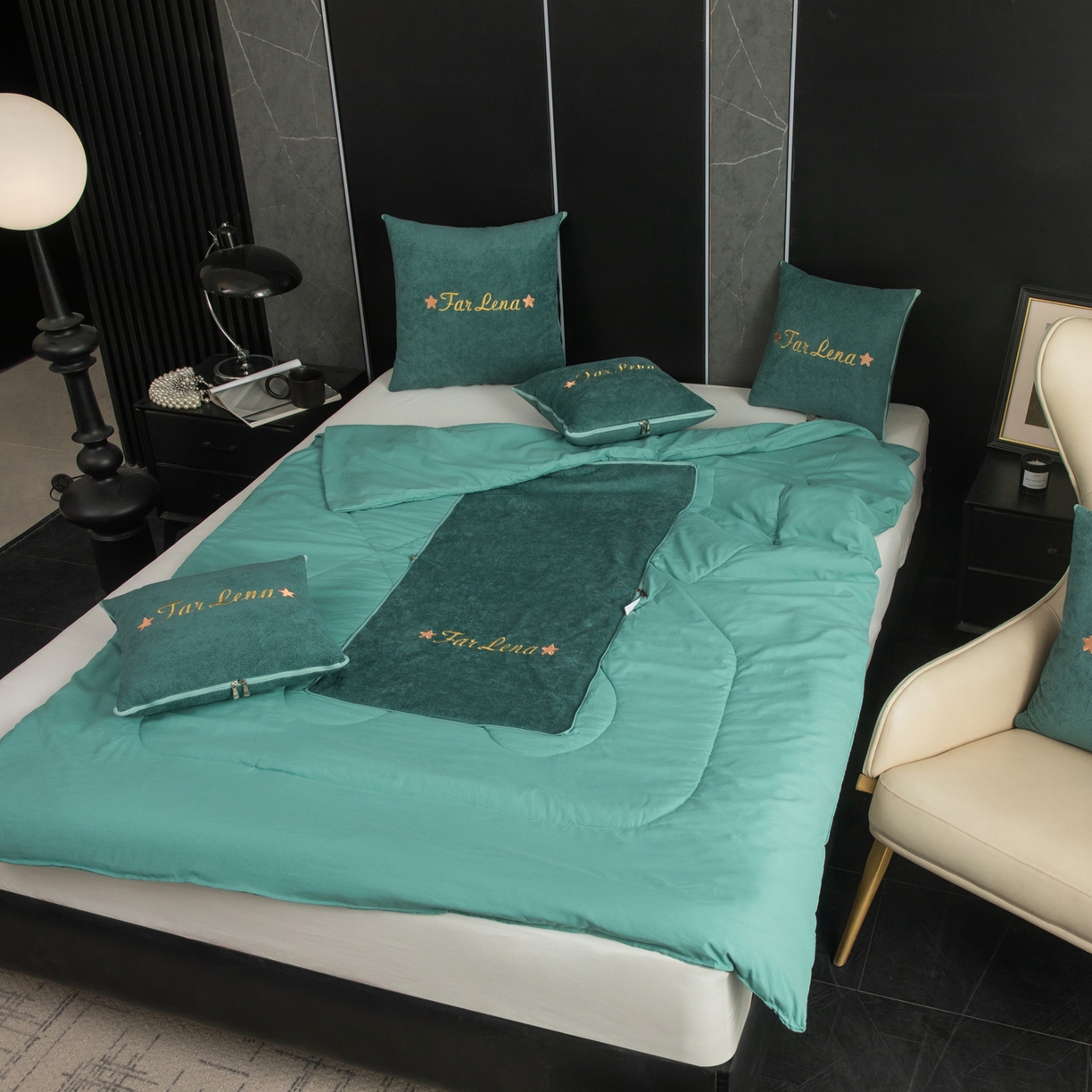 91家纺网 家纺一手货源 找家纺 雷娜家居 2026新款刺绣抱枕被简尚系列 简尚-松石绿