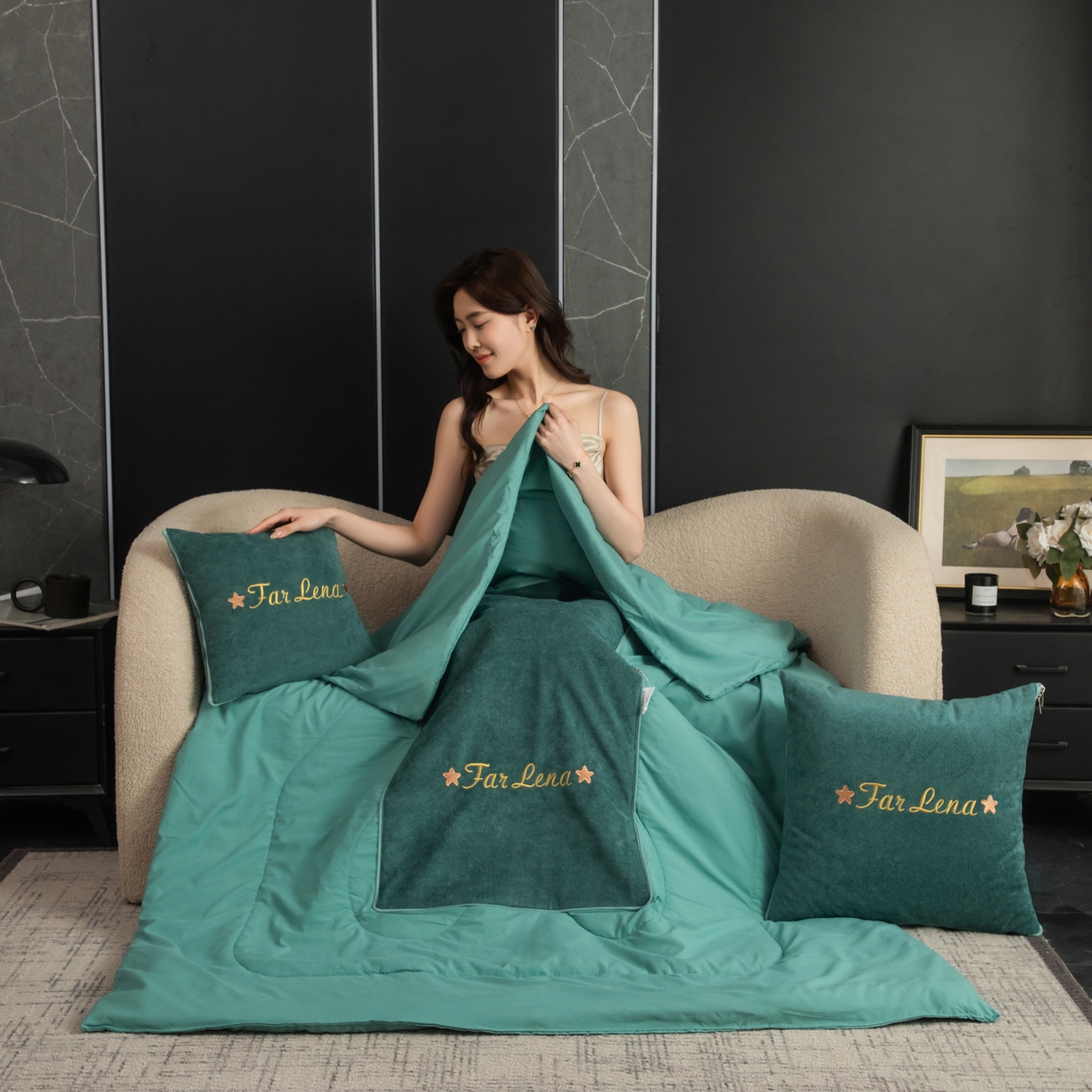 91家纺网 家纺一手货源 找家纺 雷娜家居 2026新款刺绣抱枕被简尚系列 简尚-松石绿