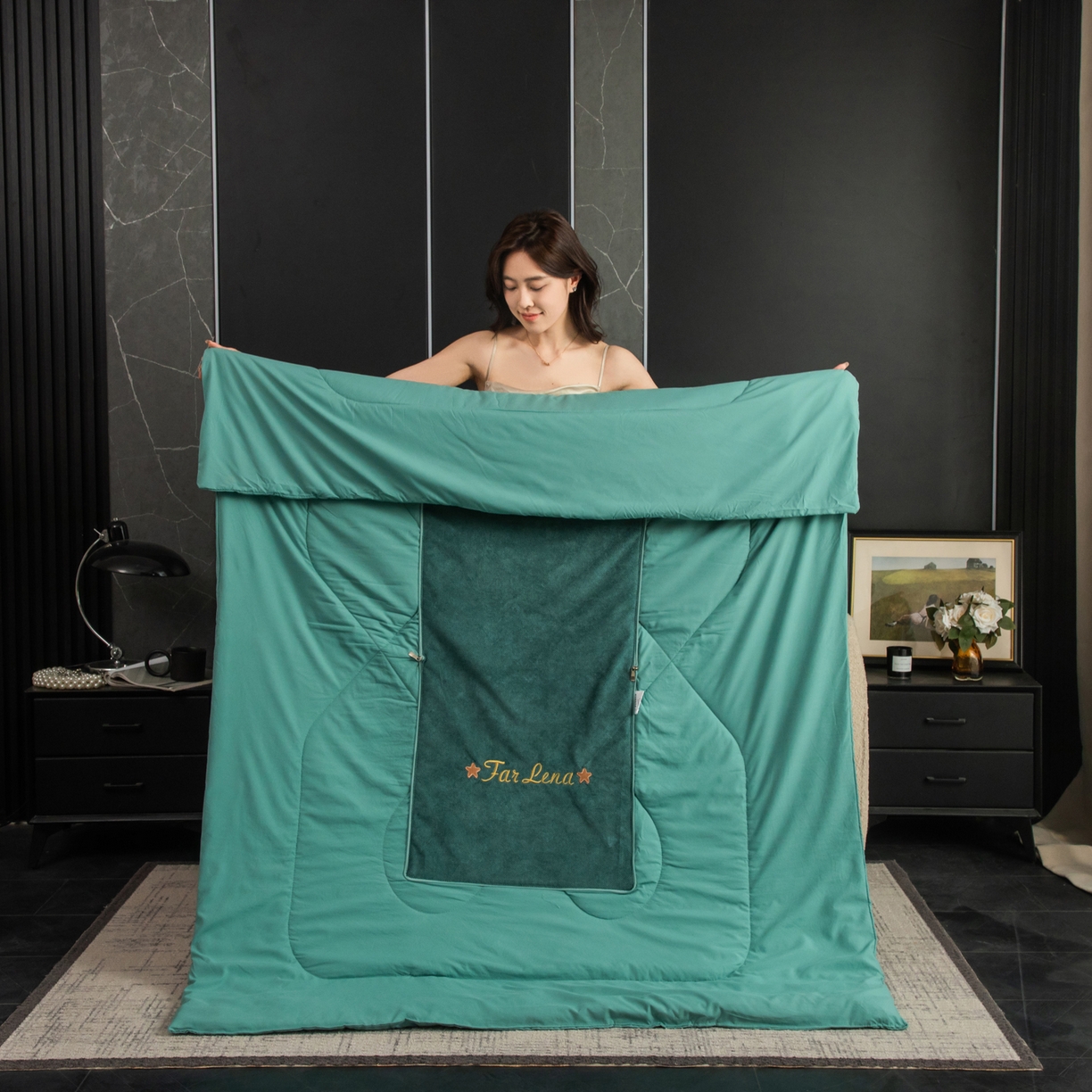 91家纺网 家纺一手货源 找家纺 雷娜家居 2026新款刺绣抱枕被简尚系列 简尚-松石绿