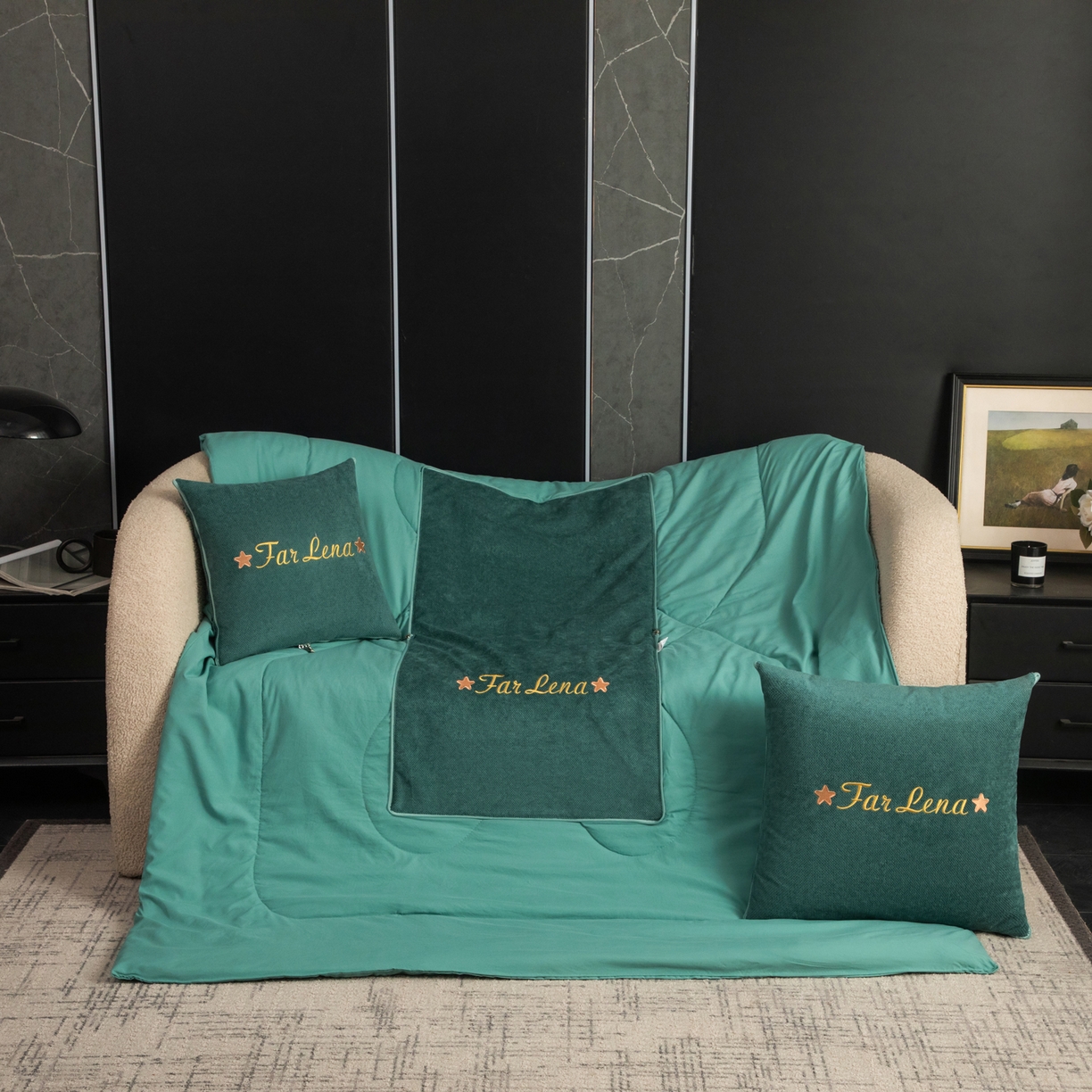 91家纺网 家纺一手货源 找家纺 雷娜家居 2026新款刺绣抱枕被简尚系列 简尚-松石绿