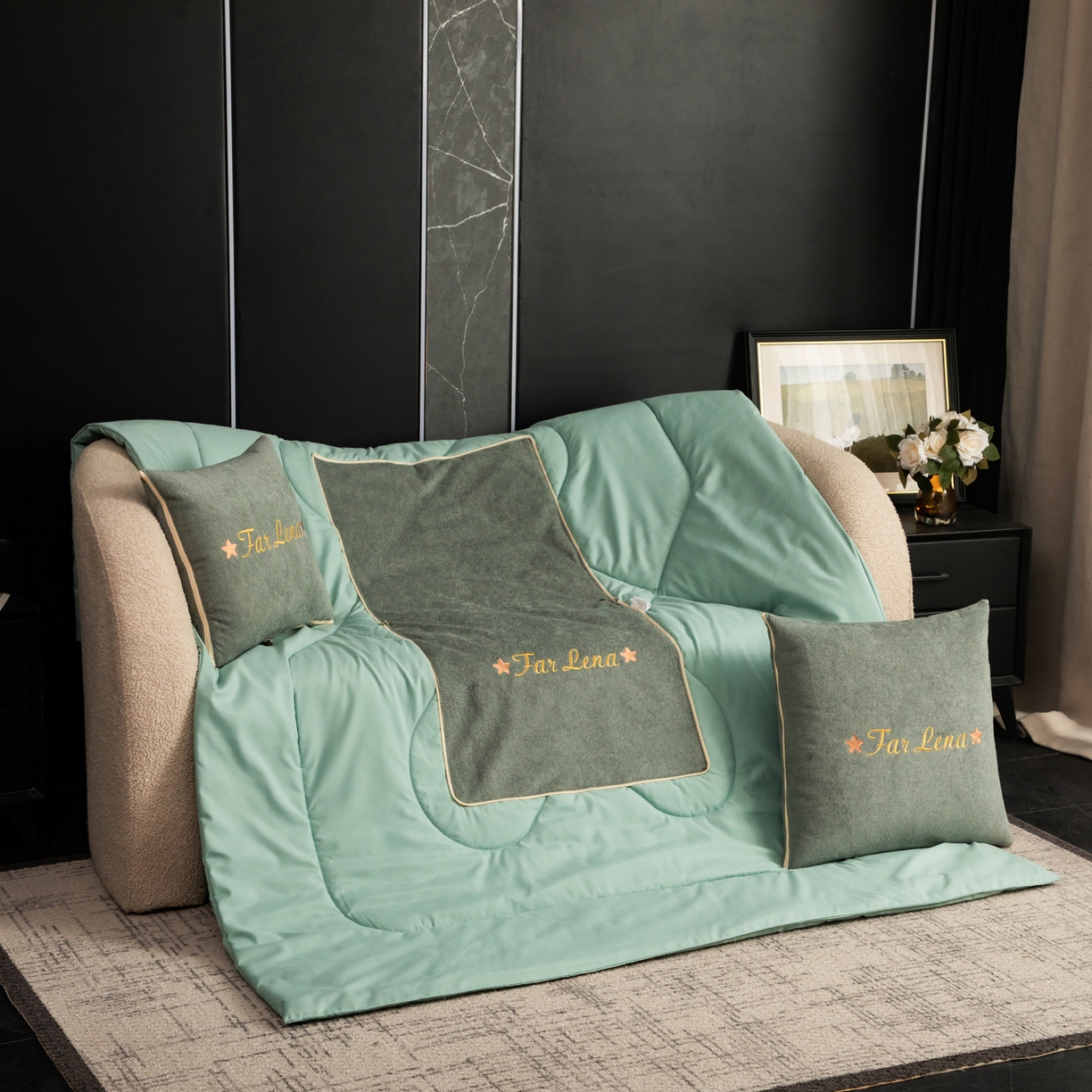 91家纺网 家纺一手货源 找家纺 雷娜家居 2026新款刺绣抱枕被简尚系列 简尚-琥珀