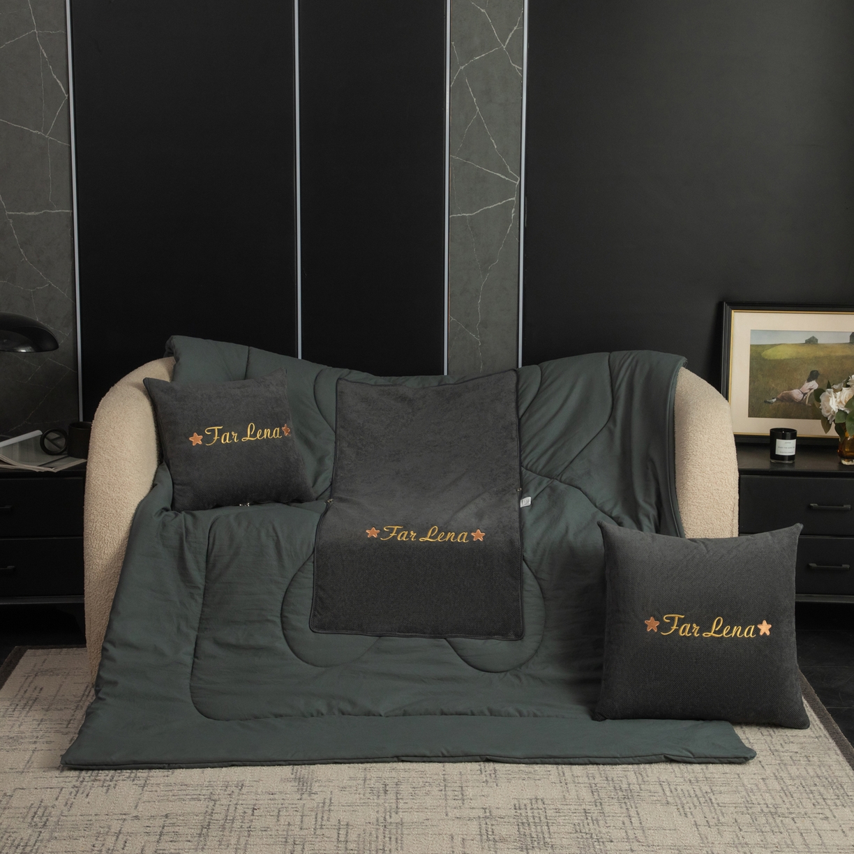 91家纺网 家纺一手货源 找家纺 雷娜家居 2026新款刺绣抱枕被简尚系列 简尚-简约灰