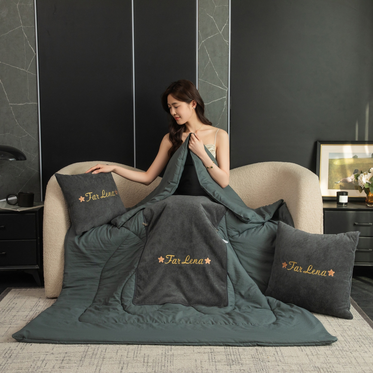 91家纺网 家纺一手货源 找家纺 雷娜家居 2026新款刺绣抱枕被简尚系列 简尚-简约灰