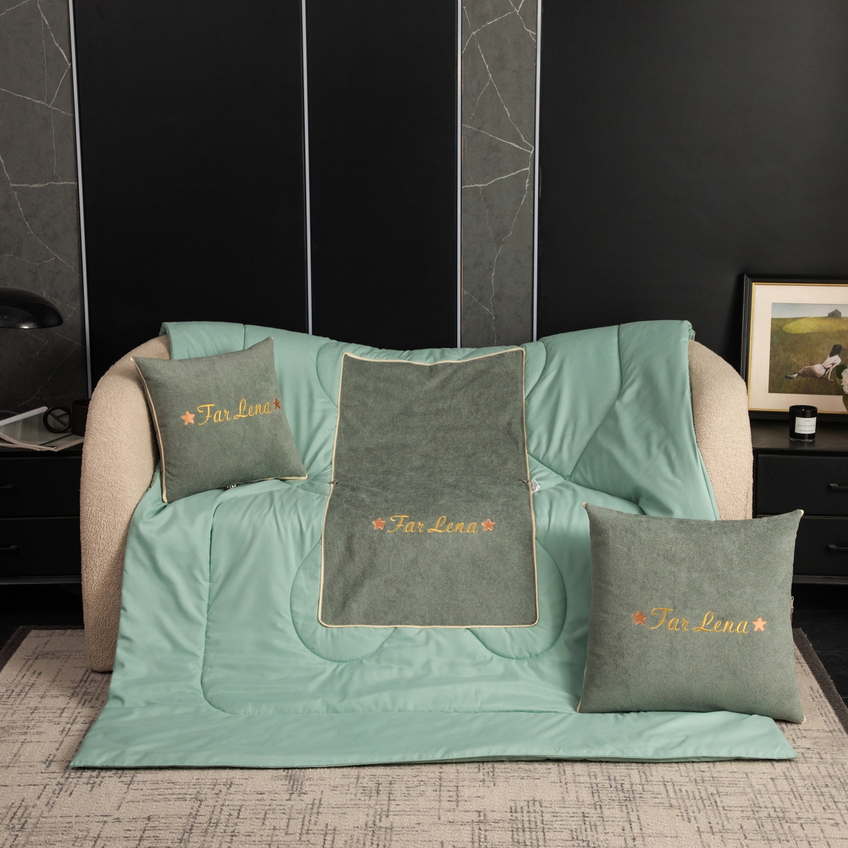 91家纺网 家纺一手货源 找家纺 雷娜家居 2026新款刺绣抱枕被简尚系列 简尚-琥珀