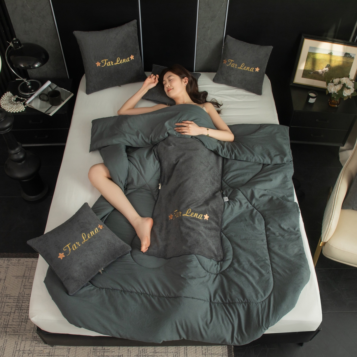 91家纺网 家纺一手货源 找家纺 雷娜家居 2026新款刺绣抱枕被简尚系列 简尚-简约灰