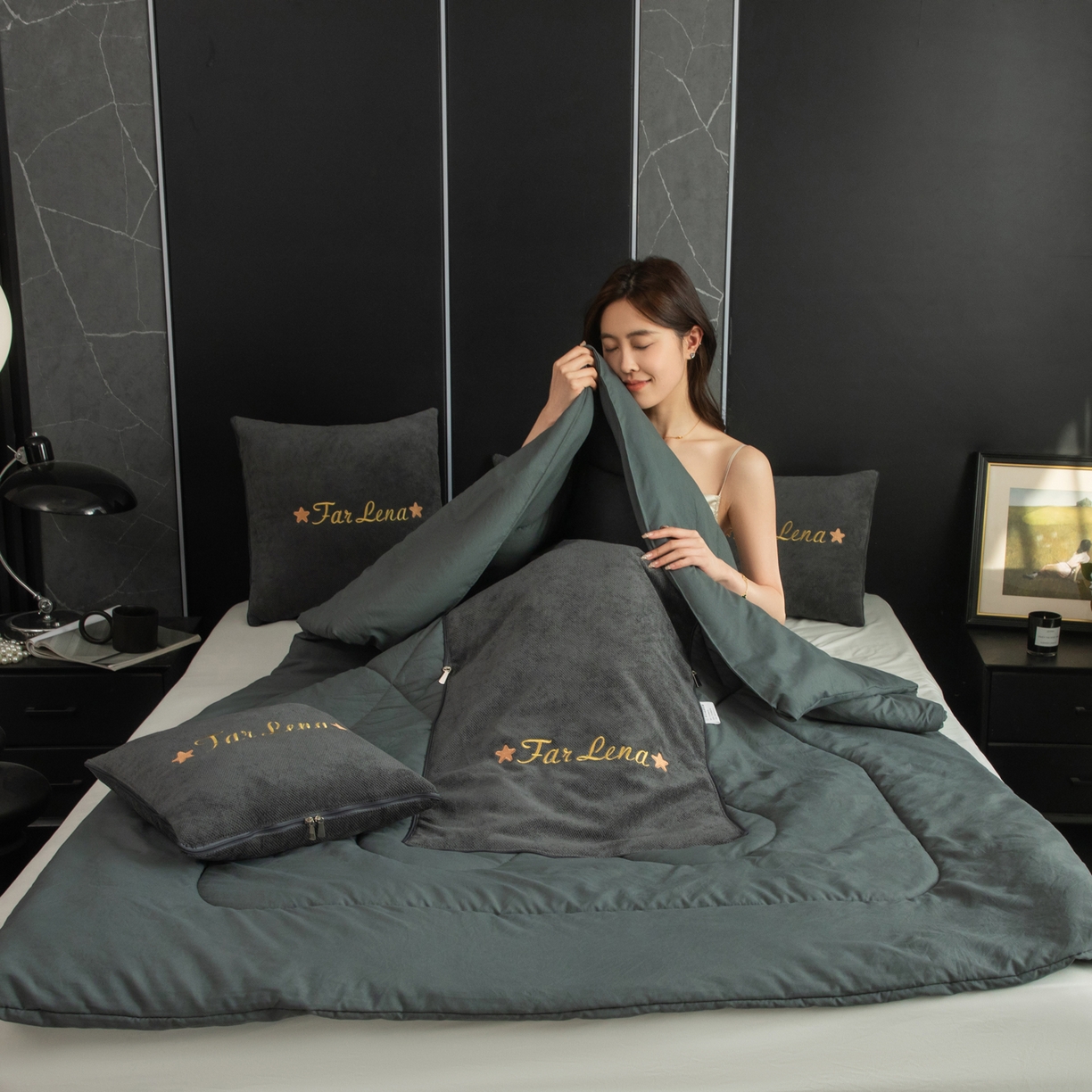 91家纺网 家纺一手货源 找家纺 雷娜家居 2026新款刺绣抱枕被简尚系列 简尚-简约灰