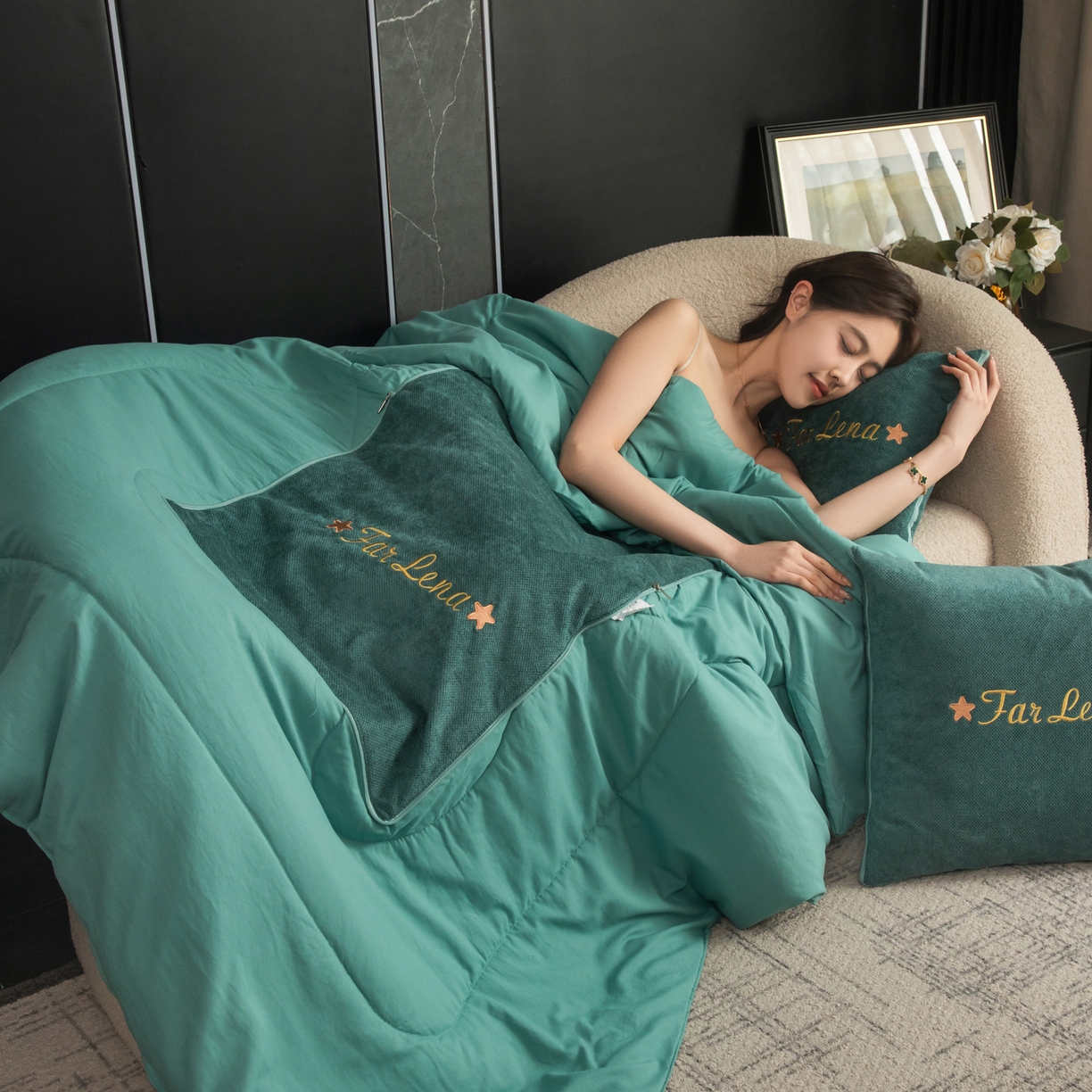 91家纺网 家纺一手货源 找家纺 雷娜家居 2026新款刺绣抱枕被简尚系列 简尚-松石绿