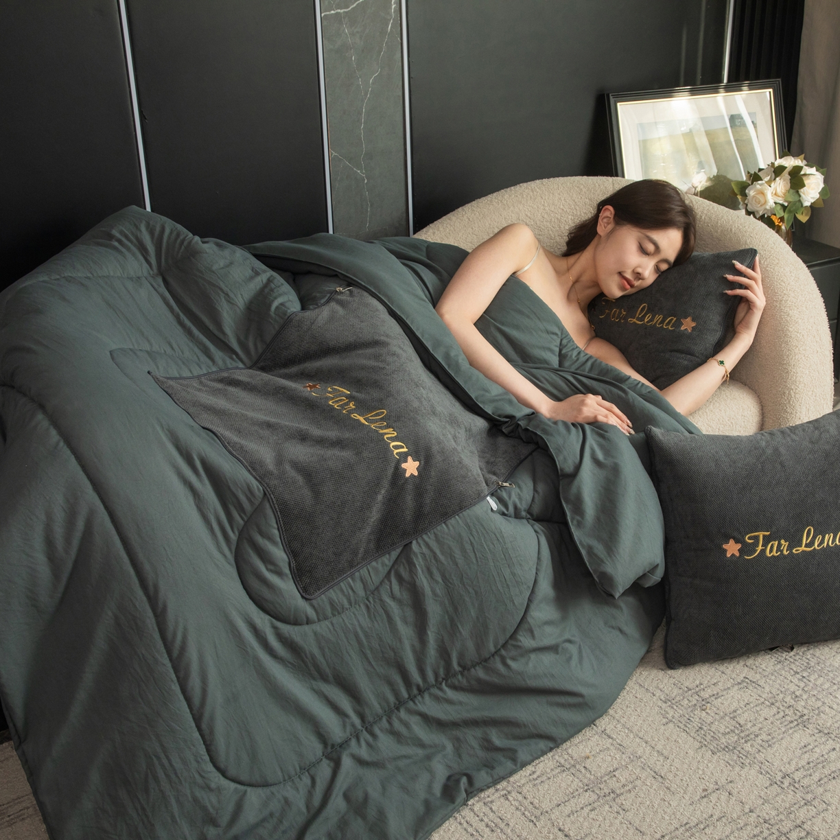 91家纺网 家纺一手货源 找家纺 雷娜家居 2026新款刺绣抱枕被简尚系列 简尚-简约灰