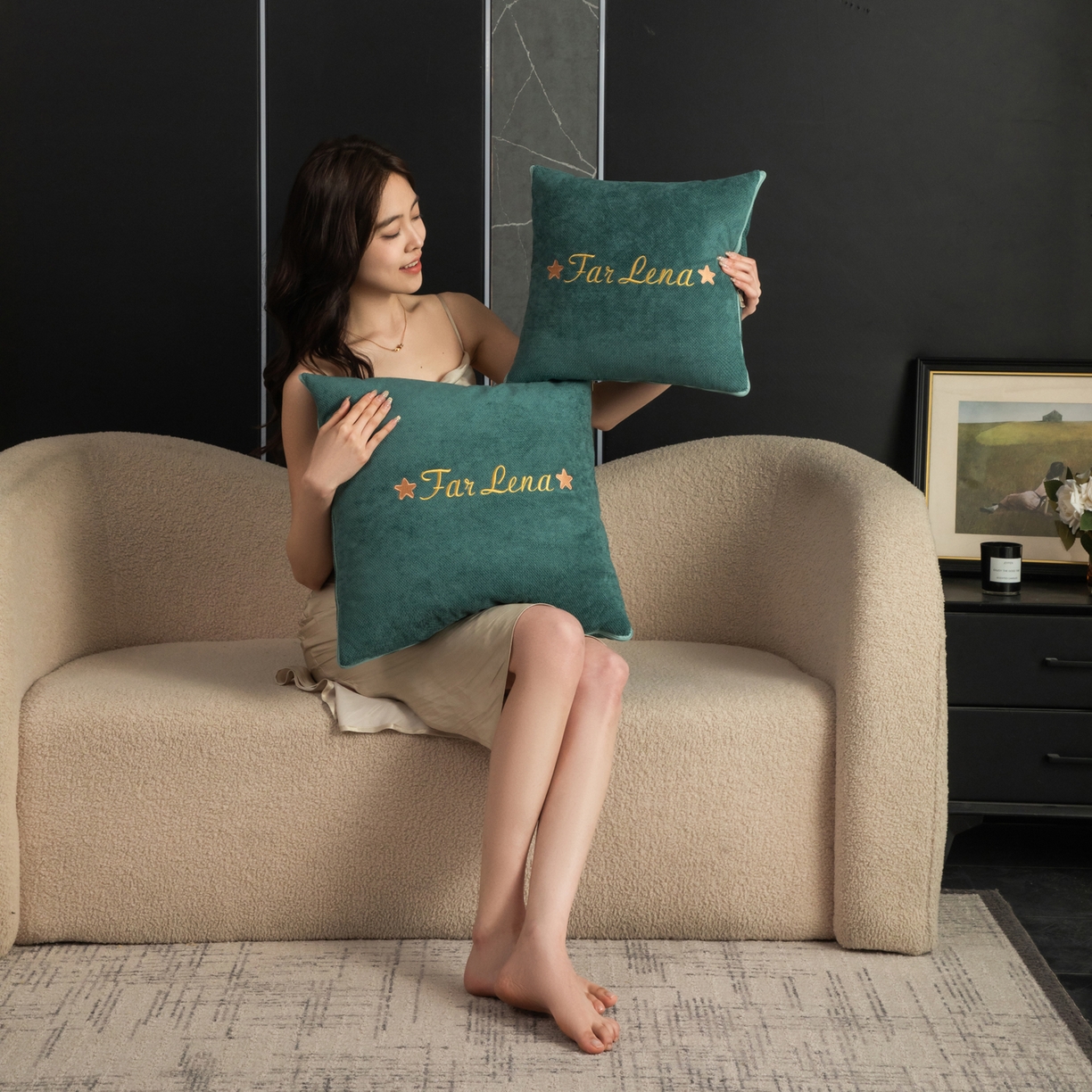 91家纺网 家纺一手货源 找家纺 雷娜家居 2026新款刺绣抱枕被简尚系列 简尚-松石绿