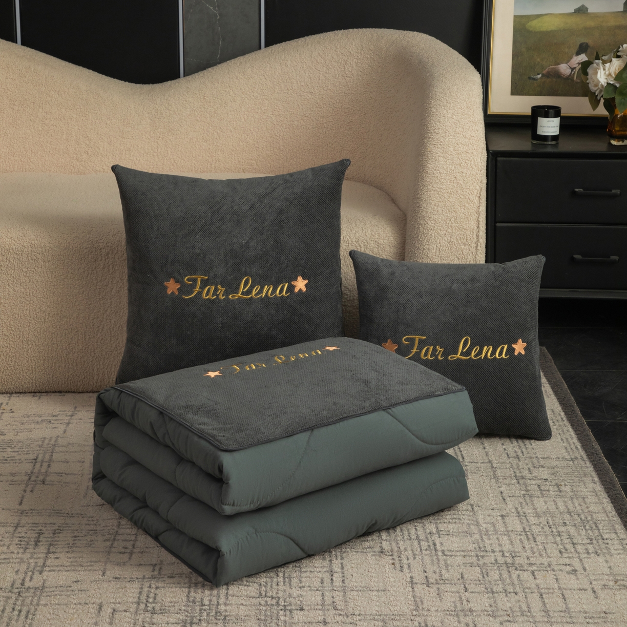 91家纺网 家纺一手货源 找家纺 雷娜家居 2026新款刺绣抱枕被简尚系列 简尚-简约灰