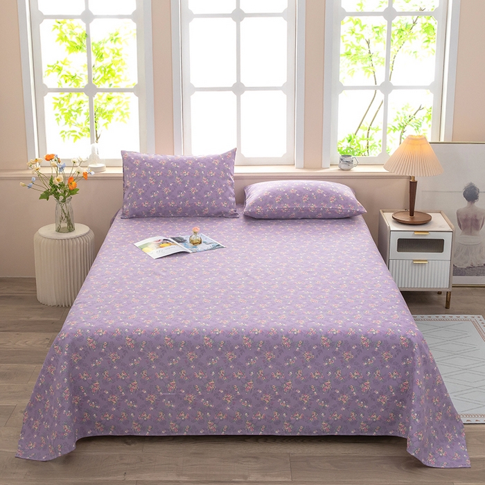 帛洵家纺 2026新款A类原棉细纱印花老粗布凉席床单 紫雾小蔷薇