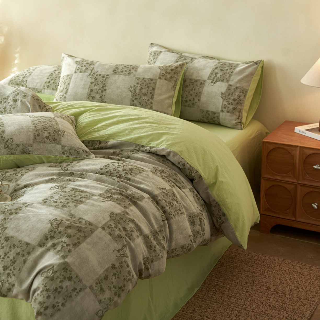 91家纺网 家纺一手货源 找家纺 如一 2026春夏新款色织提花全棉纯棉水洗棉四件套 蝶漫-绿