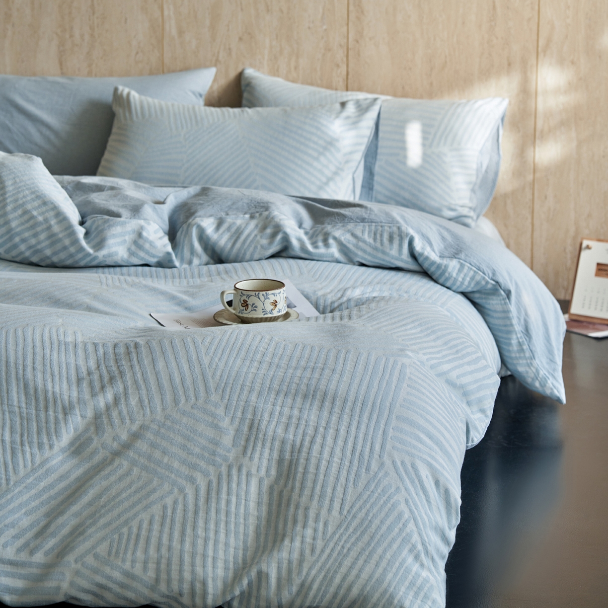 91家纺网 家纺一手货源 找家纺 如一 2026春夏新款色织提花全棉纯棉水洗棉四件套 序章-蓝