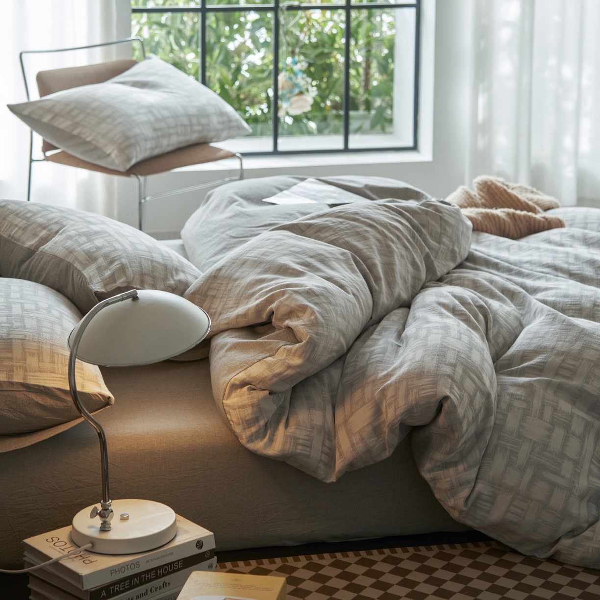 91家纺网 家纺一手货源 找家纺 如一 2026春夏新款色织提花全棉纯棉水洗棉四件套 浮光-灰