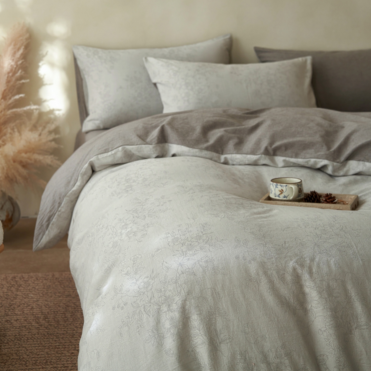 如一 2026春夏新款色织提花全棉纯棉水洗棉四件套 花忆-灰