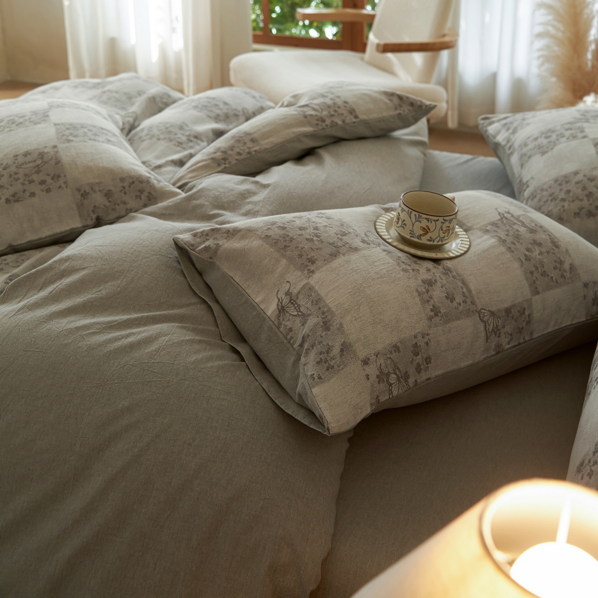 91家纺网 家纺一手货源 找家纺 如一 2026春夏新款色织提花全棉纯棉水洗棉四件套 蝶漫-灰