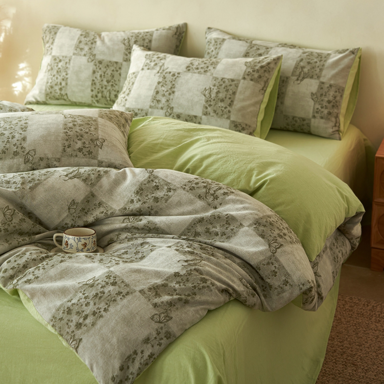 91家纺网 家纺一手货源 找家纺 如一 2026春夏新款色织提花全棉纯棉水洗棉四件套 蝶漫-绿