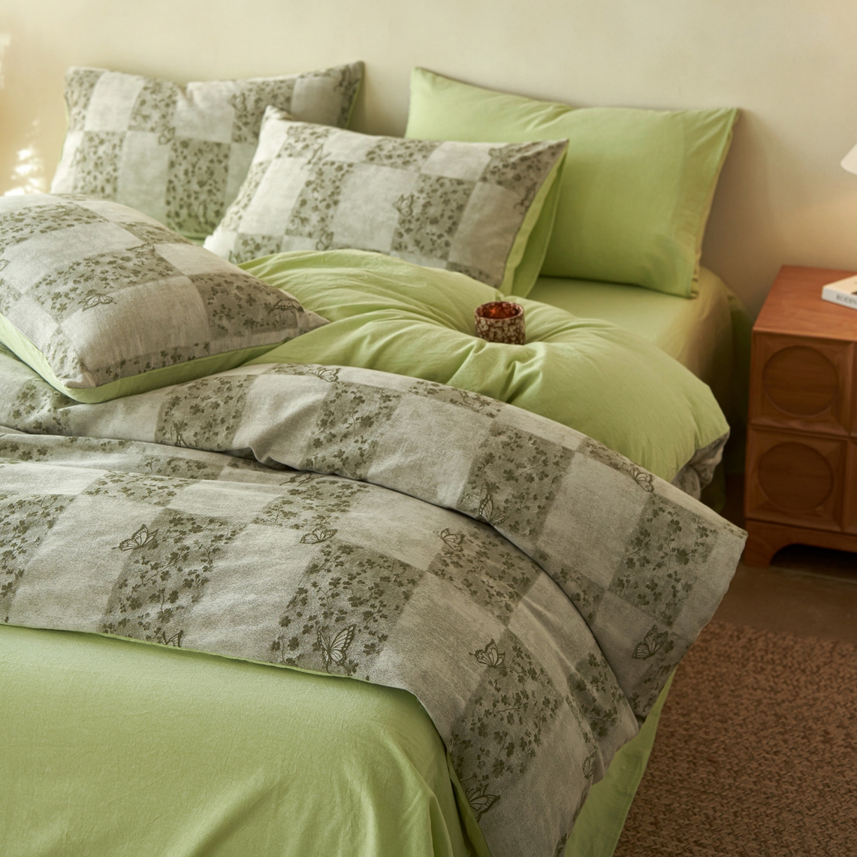 91家纺网 家纺一手货源 找家纺 如一 2026春夏新款色织提花全棉纯棉水洗棉四件套 蝶漫-绿