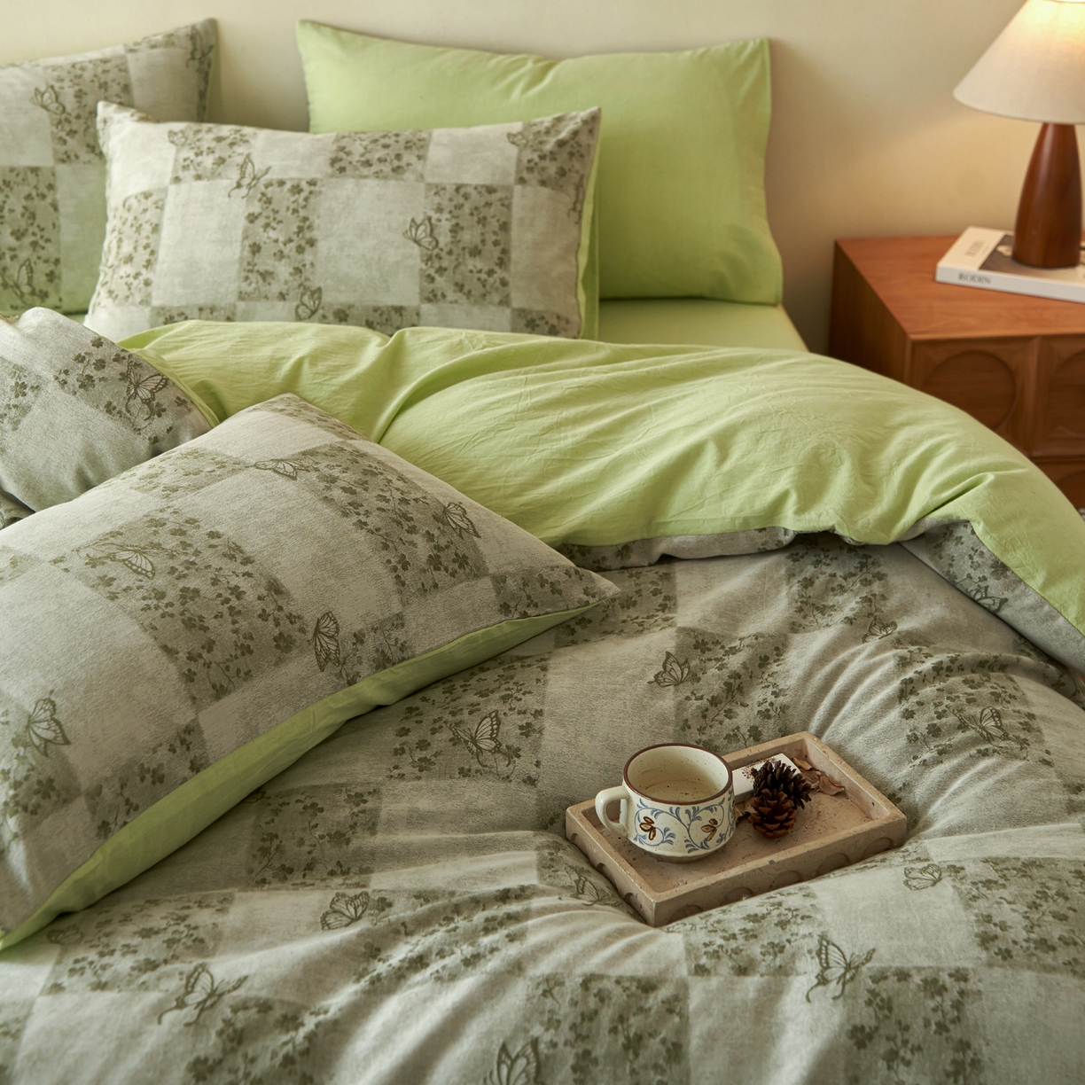 91家纺网 家纺一手货源 找家纺 如一 2026春夏新款色织提花全棉纯棉水洗棉四件套 蝶漫-绿