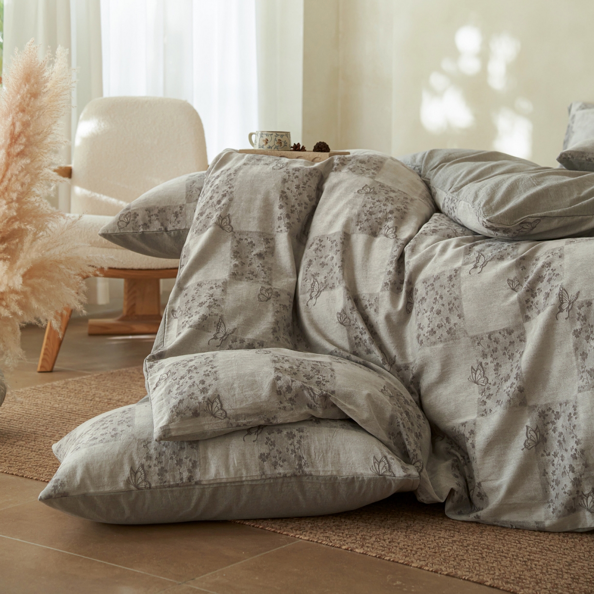 91家纺网 家纺一手货源 找家纺 如一 2026春夏新款色织提花全棉纯棉水洗棉四件套 蝶漫-灰