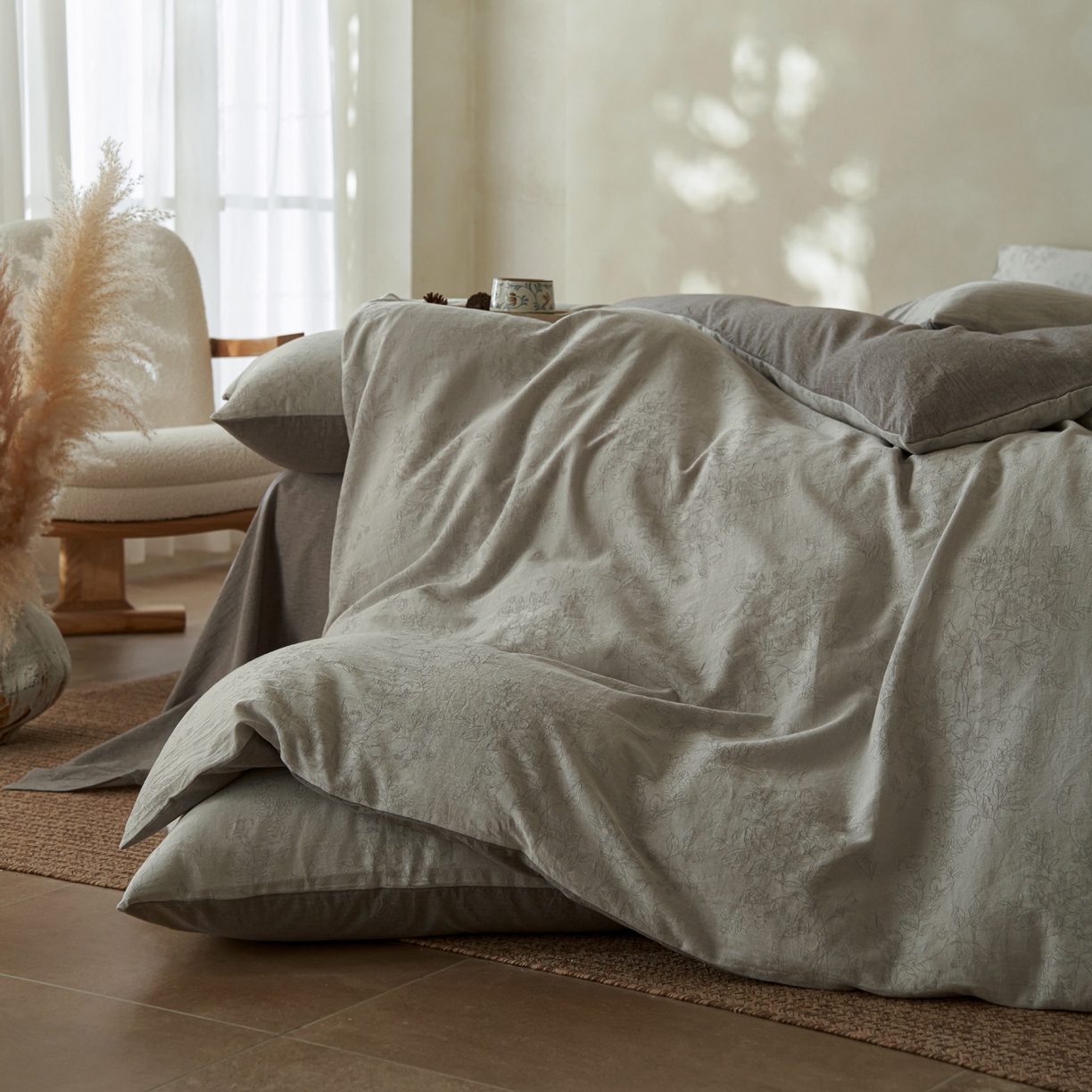 91家纺网 家纺一手货源 找家纺 如一 2026春夏新款色织提花全棉纯棉水洗棉四件套 花忆-灰