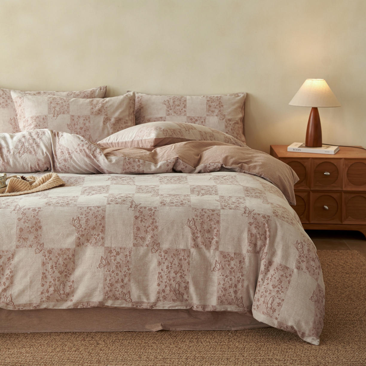 91家纺网 家纺一手货源 找家纺 如一 2026春夏新款色织提花全棉纯棉水洗棉四件套 蝶漫-咖