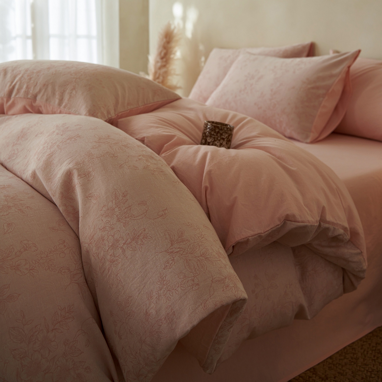 91家纺网 家纺一手货源 找家纺 如一 2026春夏新款色织提花全棉纯棉水洗棉四件套 花忆-粉