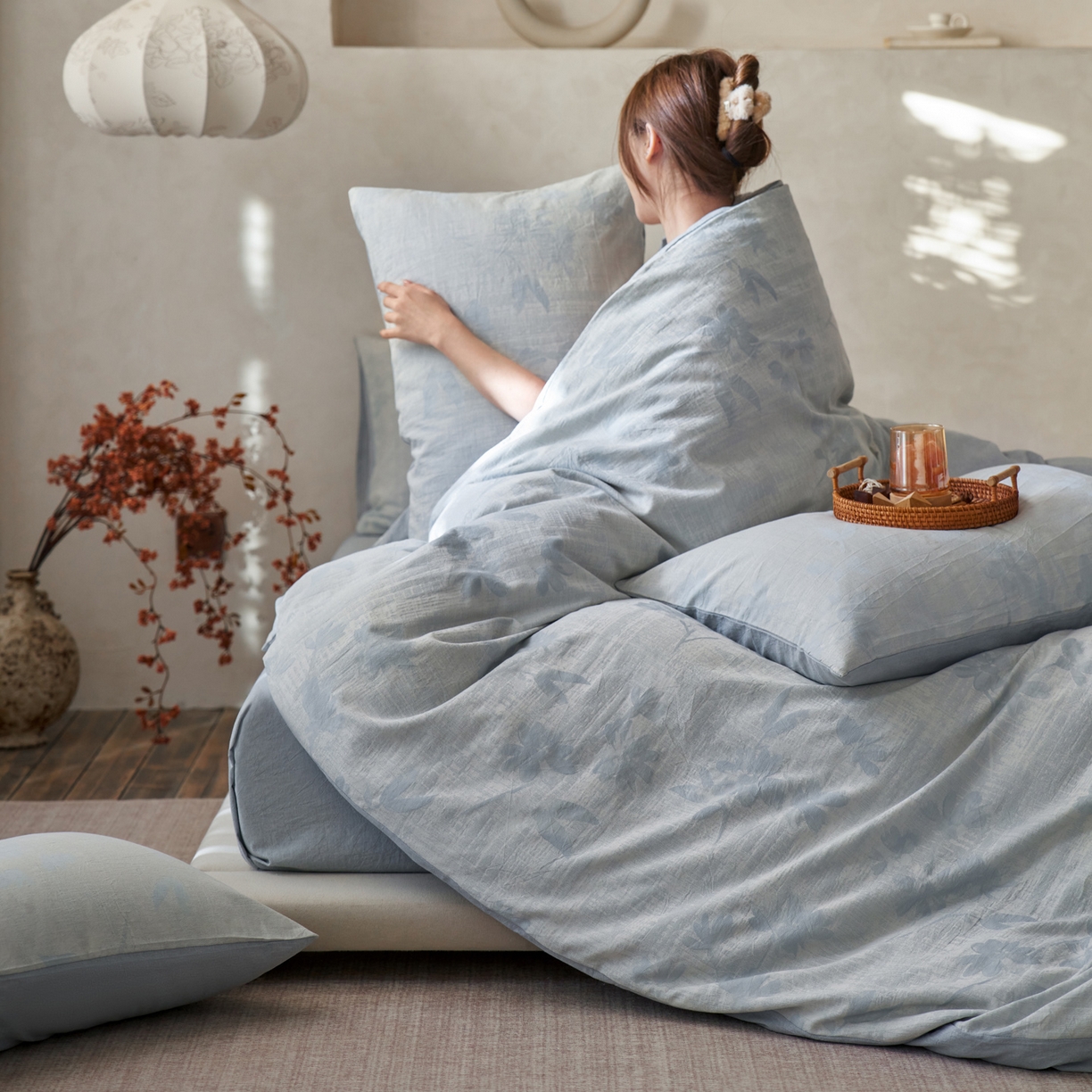 91家纺网 家纺一手货源 找家纺 如一 2026春夏新款色织提花全棉纯棉水洗棉四件套 兰序-蓝