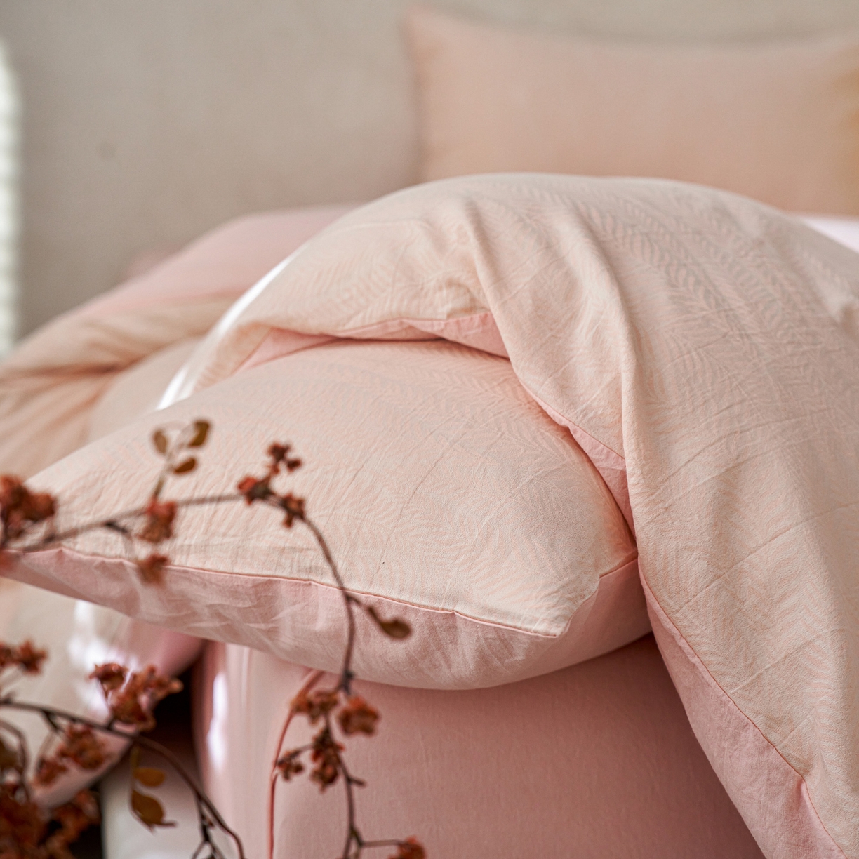 91家纺网 家纺一手货源 找家纺 如一 2026春夏新款色织提花全棉纯棉水洗棉四件套 叶笙-粉