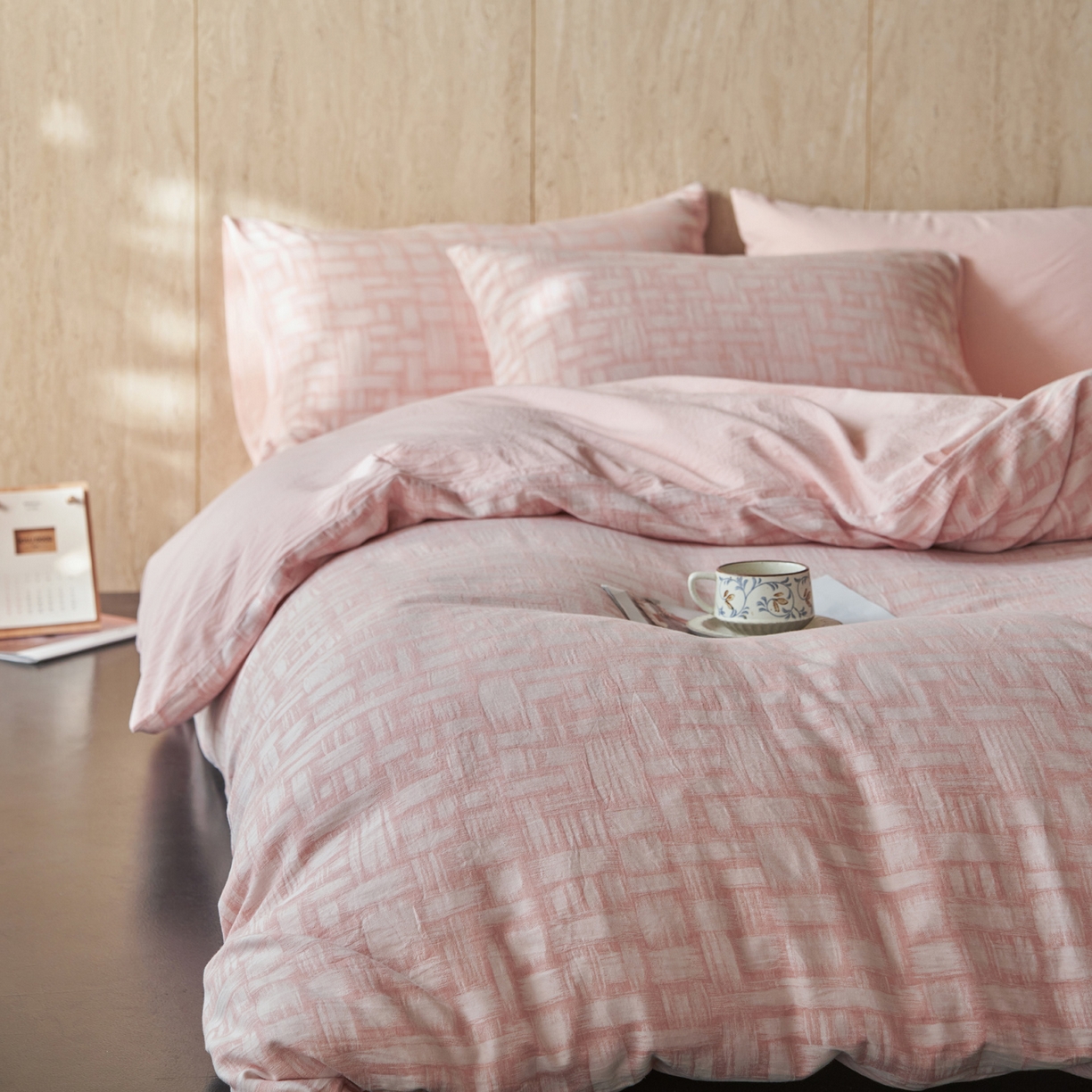 如一 2026春夏新款色织提花全棉纯棉水洗棉四件套 浮光-粉