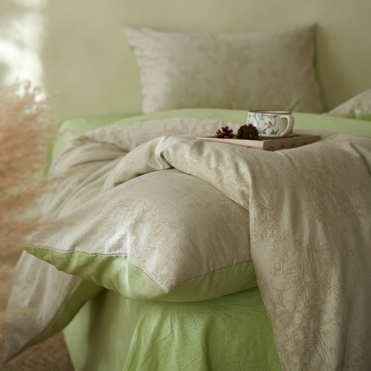 91家纺网 家纺一手货源 找家纺 如一 2026春夏新款色织提花全棉纯棉水洗棉四件套 花忆-绿