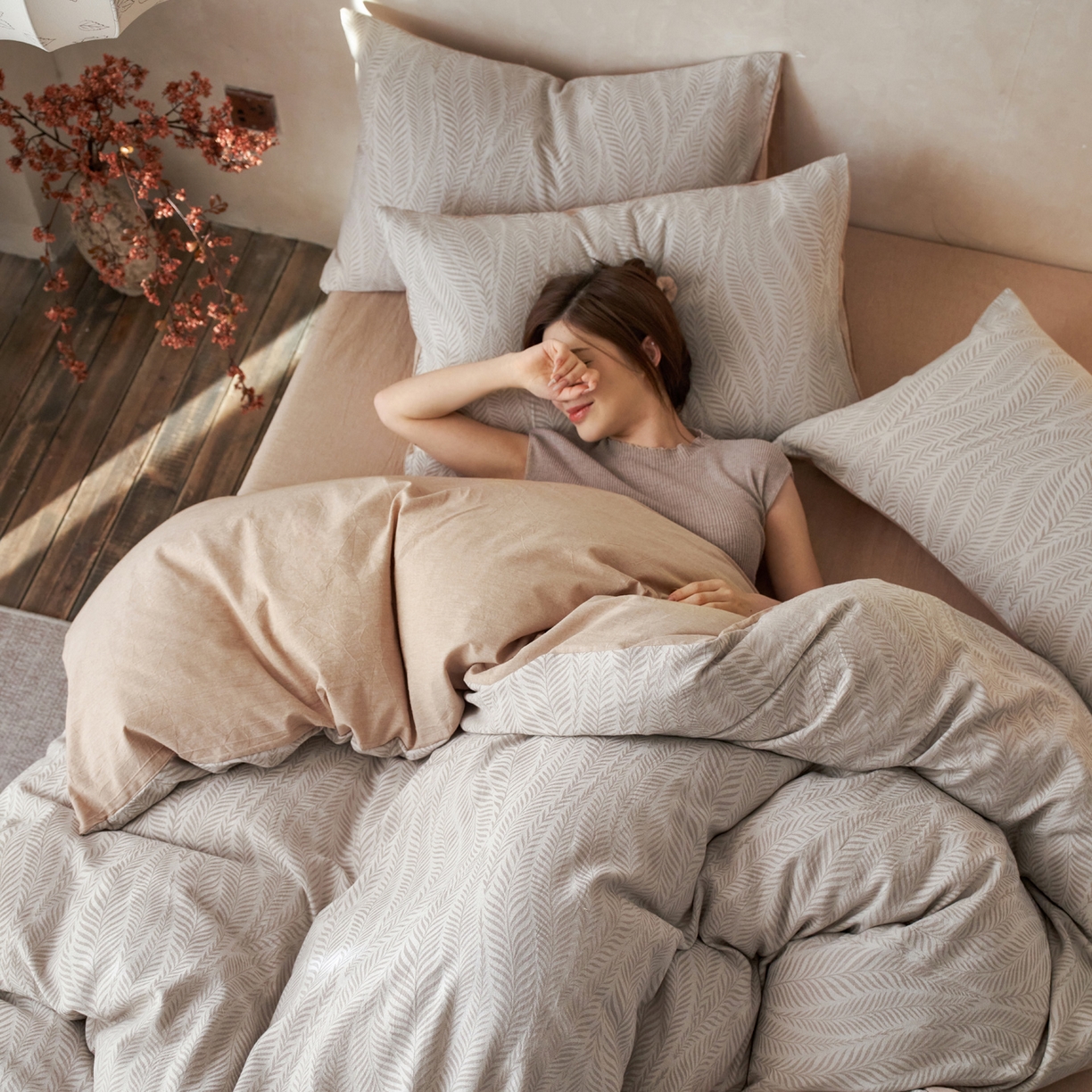 91家纺网 家纺一手货源 找家纺 如一 2026春夏新款色织提花全棉纯棉水洗棉四件套 叶笙-咖