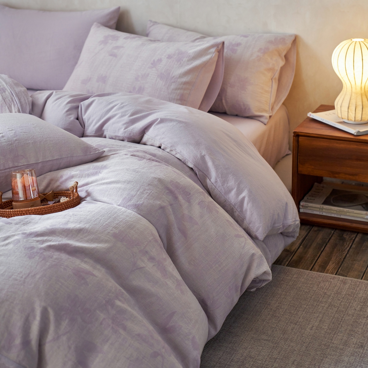 91家纺网 家纺一手货源 找家纺 如一 2026春夏新款色织提花全棉纯棉水洗棉四件套 兰序-紫