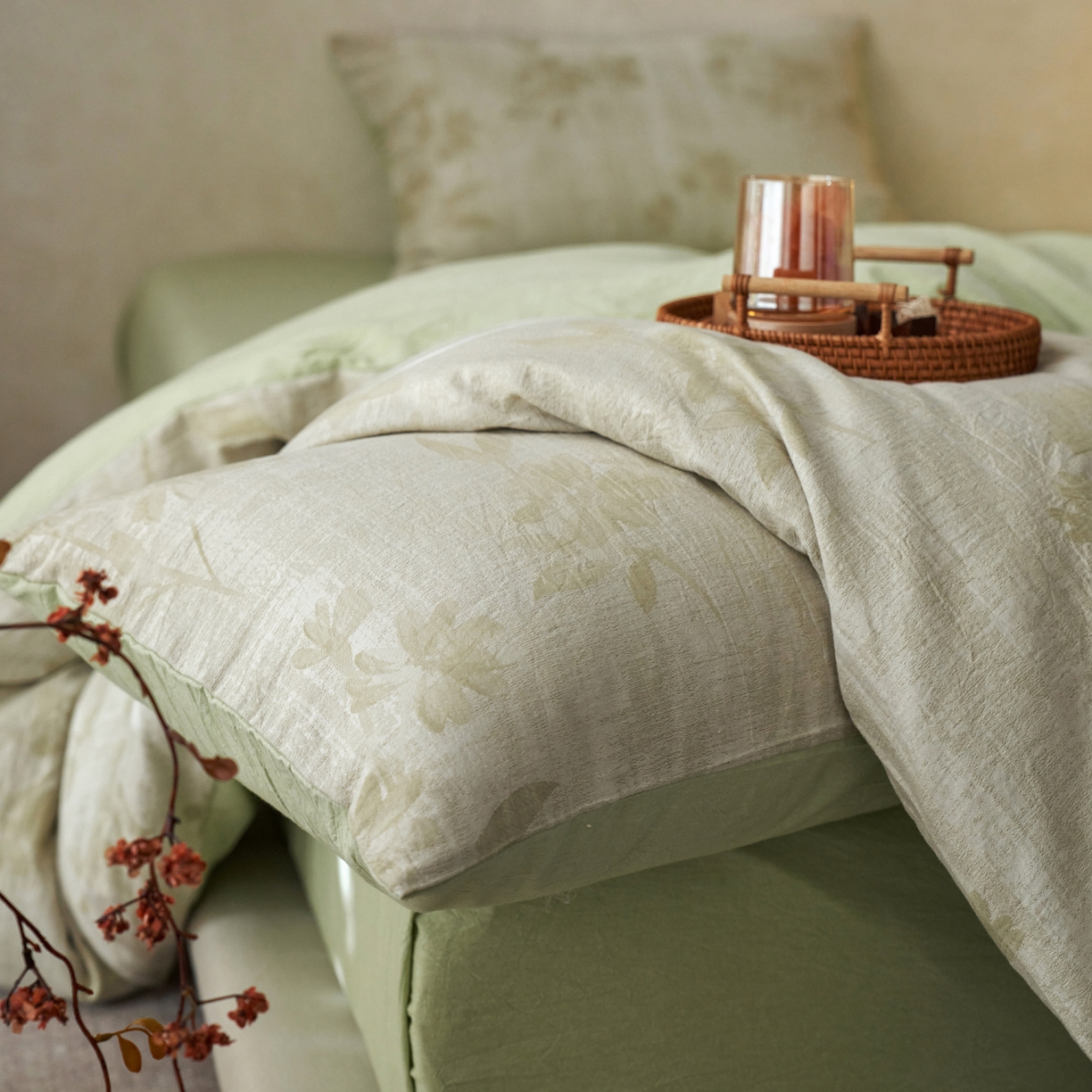 91家纺网 家纺一手货源 找家纺 如一 2026春夏新款色织提花全棉纯棉水洗棉四件套 兰序-绿