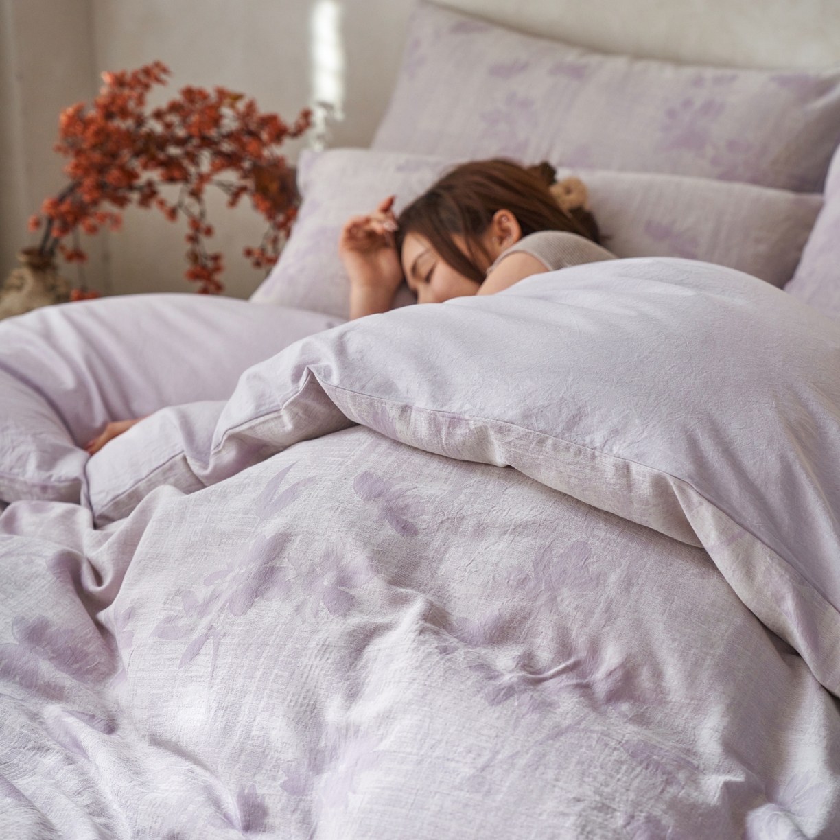 91家纺网 家纺一手货源 找家纺 如一 2026春夏新款色织提花全棉纯棉水洗棉四件套 兰序-紫